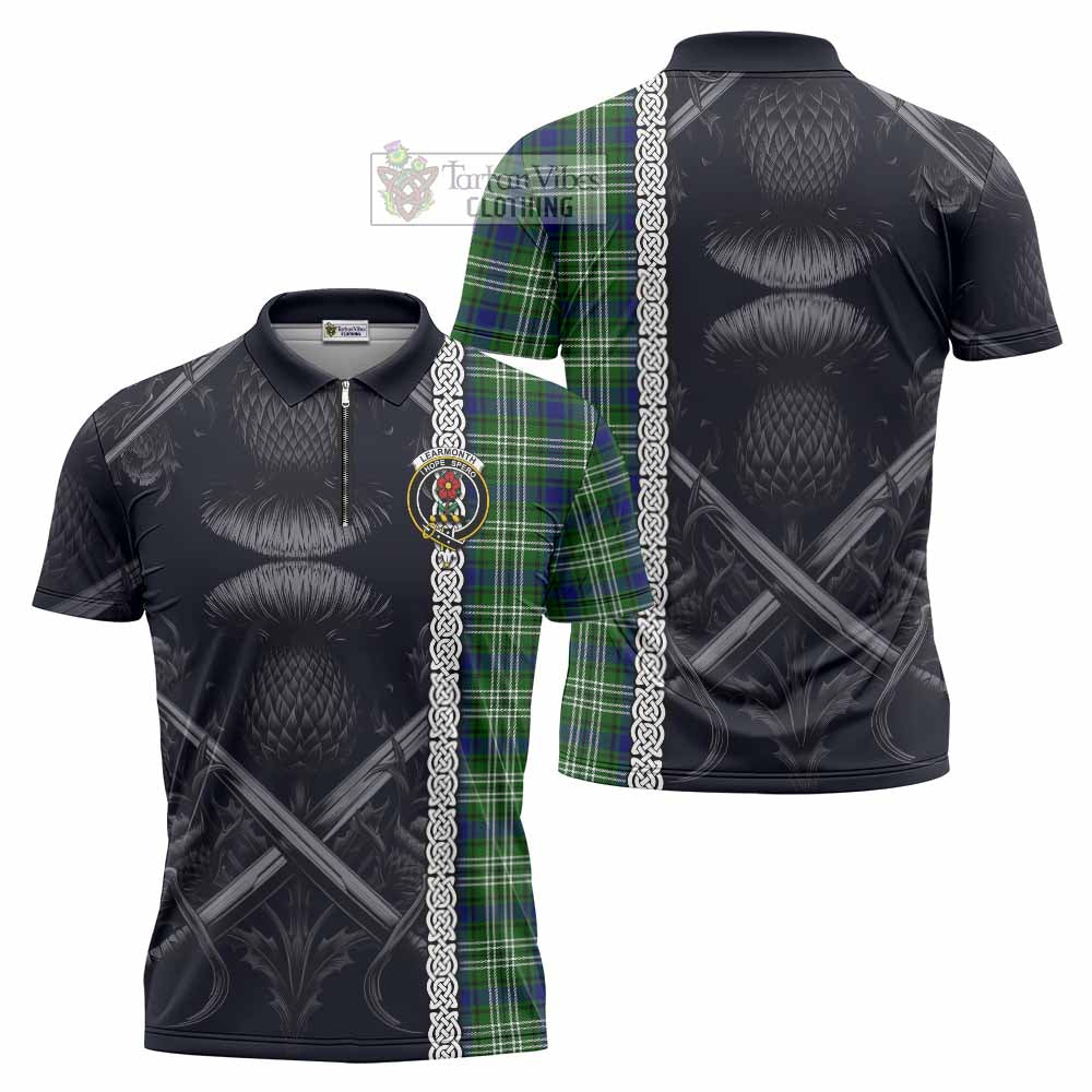 Tartan Vibes Clothing Learmonth Tartan Zipper Polo Shirt with Family Crest Cross Sword Thistle Celtic Vibes