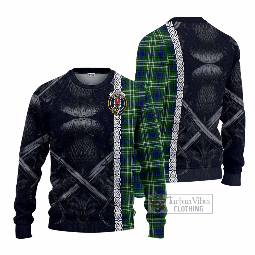 Tartan Vibes Clothing Learmonth Tartan Knitted Sweater with Family Crest Cross Sword Thistle Celtic Vibes