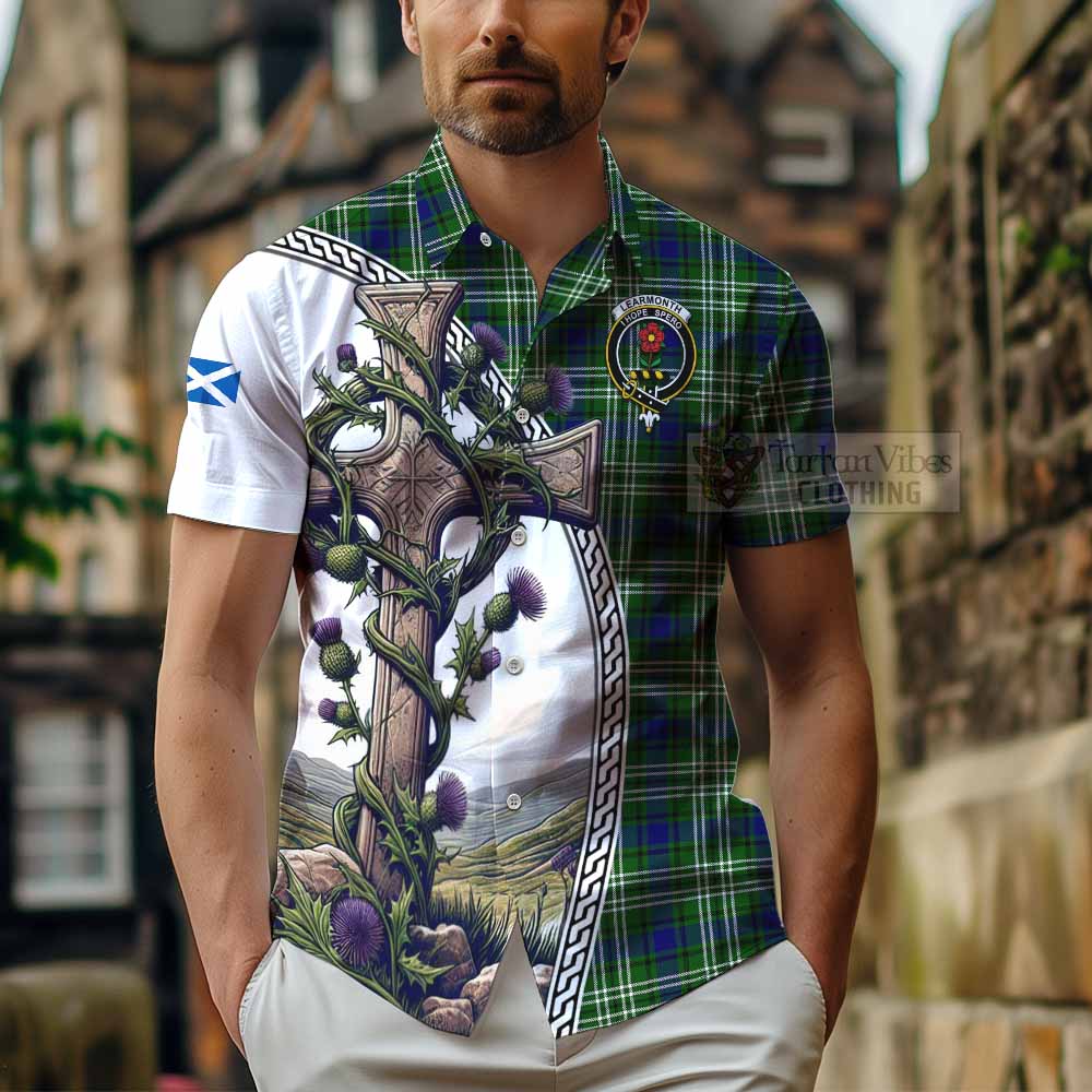 Tartan Vibes Clothing Learmonth Tartan Short Sleeve Button Shirt with Family Crest and St. Andrew's Cross Accented by Thistle Vines