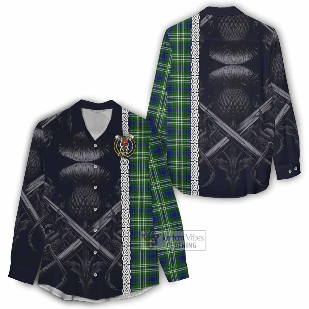 Tartan Vibes Clothing Learmonth Tartan Women's Casual Shirt with Family Crest Cross Sword Thistle Celtic Vibes