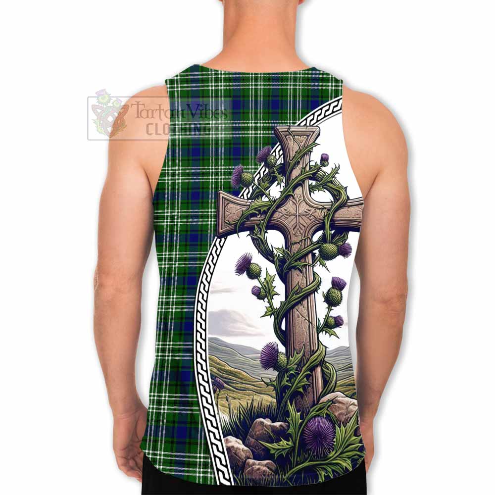 Tartan Vibes Clothing Learmonth Tartan Men's Tank Top with Family Crest and St. Andrew's Cross Accented by Thistle Vines