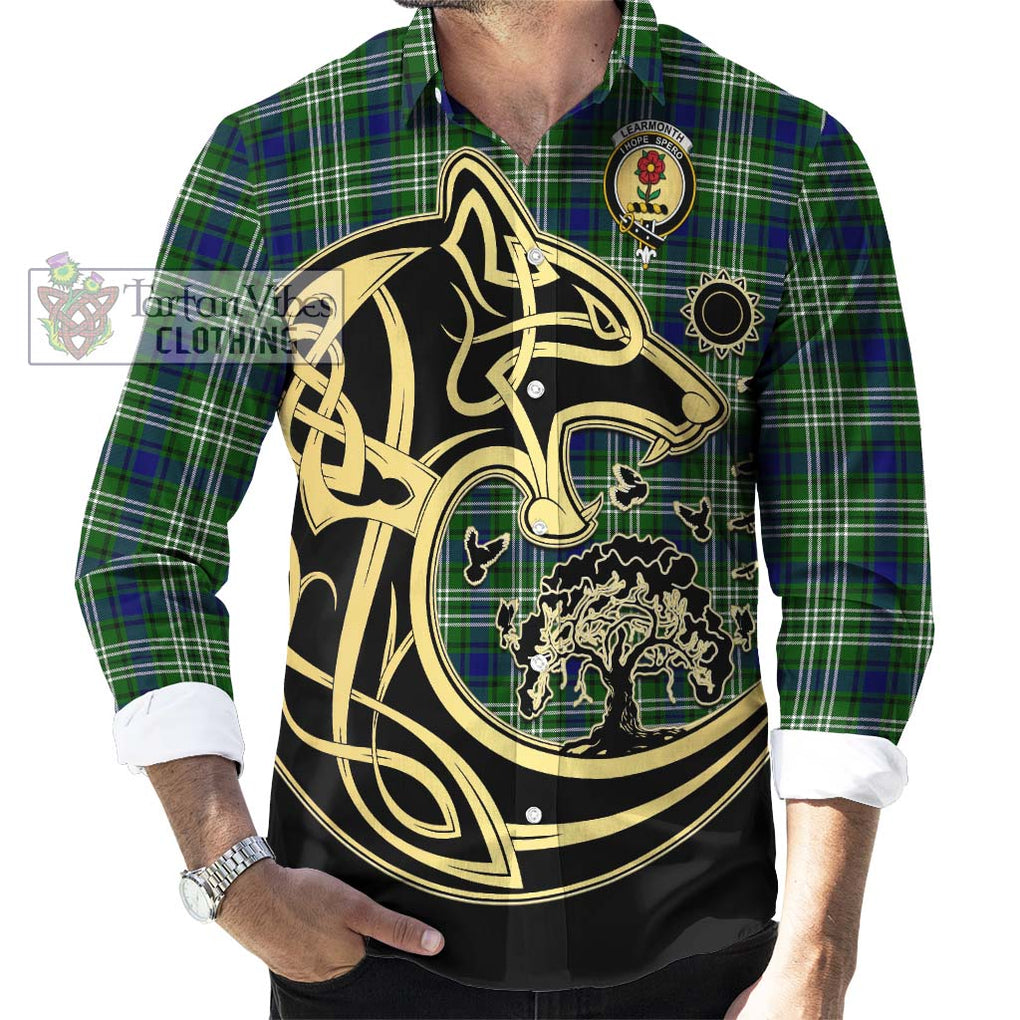 Learmonth Tartan Long Sleeve Button Shirt with Family Crest Celtic Wolf Style - Tartan Vibes Clothing