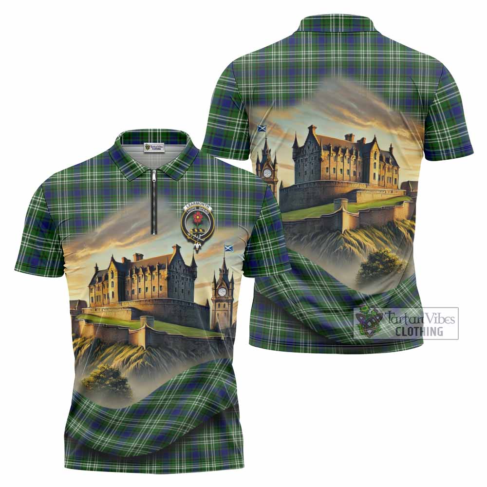 Learmonth Tartan Family Crest Zipper Polo Shirt with Scottish Ancient Castle Style - Tartan Vibes Clothing