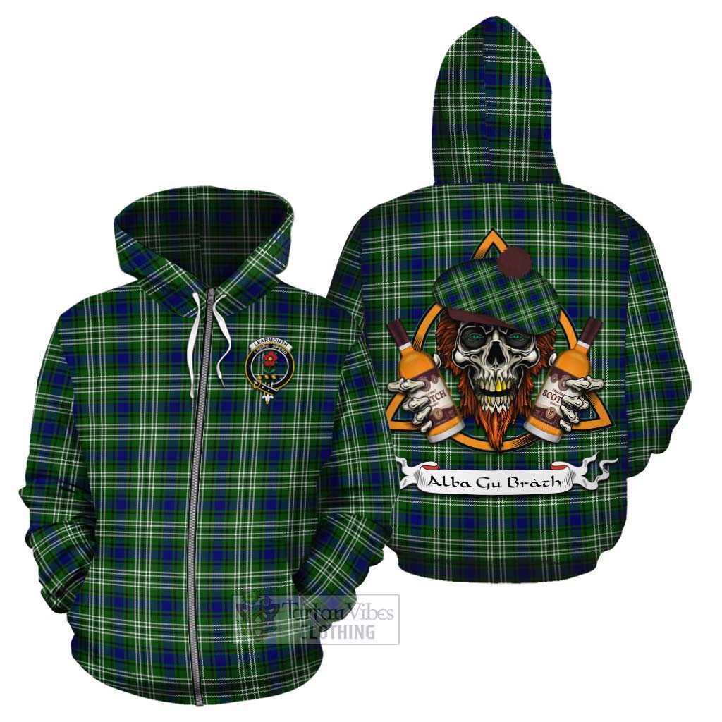 Tartan Vibes Clothing Learmonth Tartan Cotton Hoodie with Family Crest and Bearded Skull Holding Bottles of Whiskey