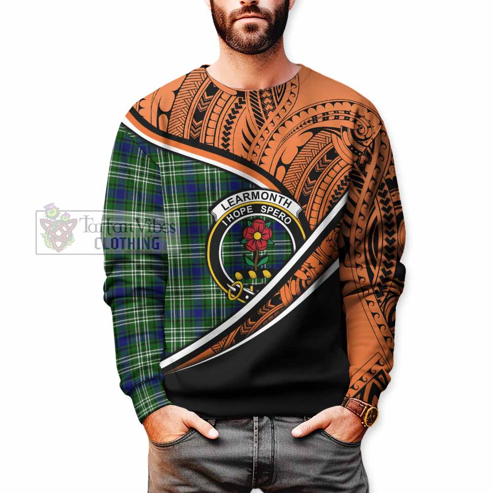 Tartan Vibes Clothing Learmonth Crest Tartan Sweatshirt with Maori Tattoo Style - Orange Version