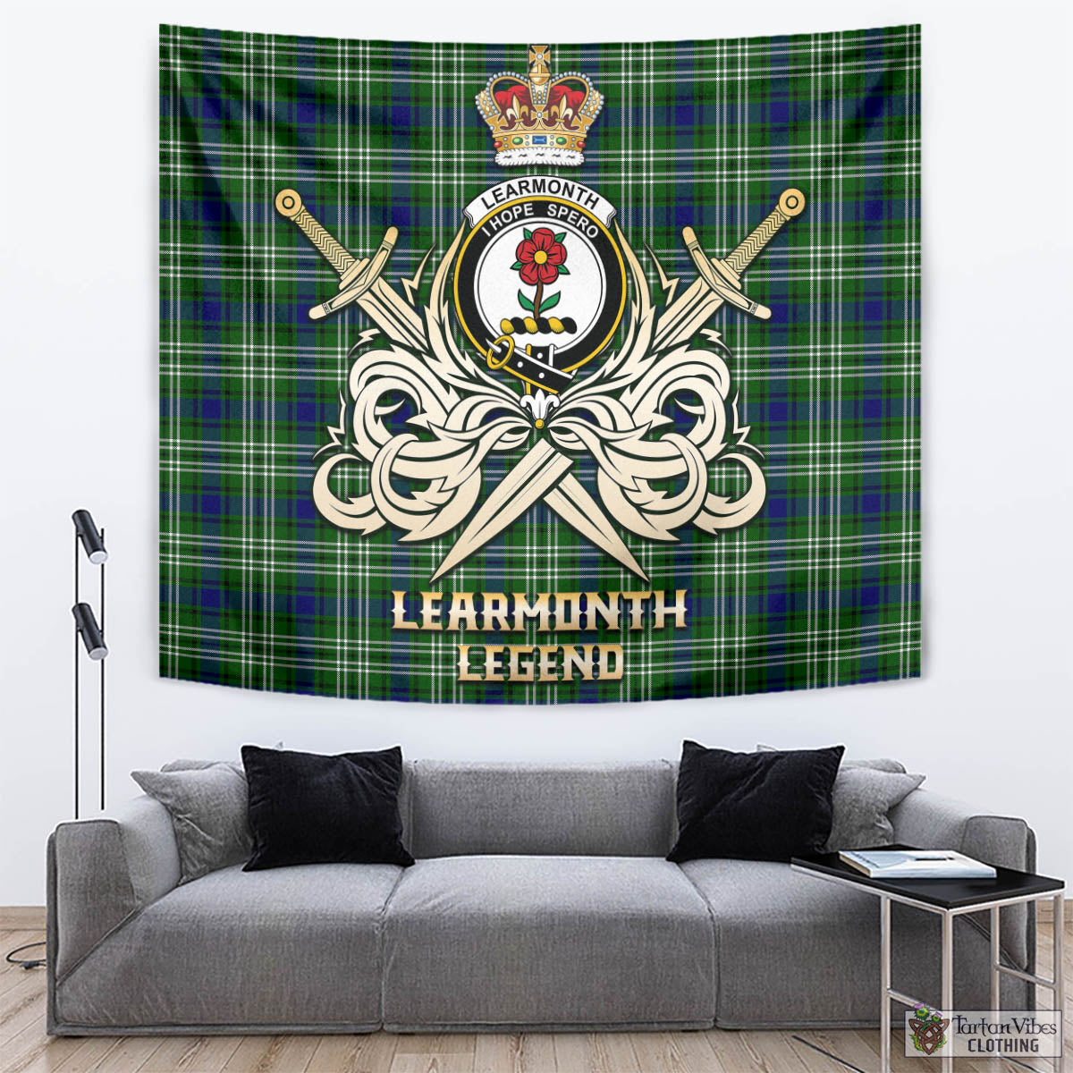 Tartan Vibes Clothing Learmonth Tartan Tapestry with Clan Crest and the Golden Sword of Courageous Legacy