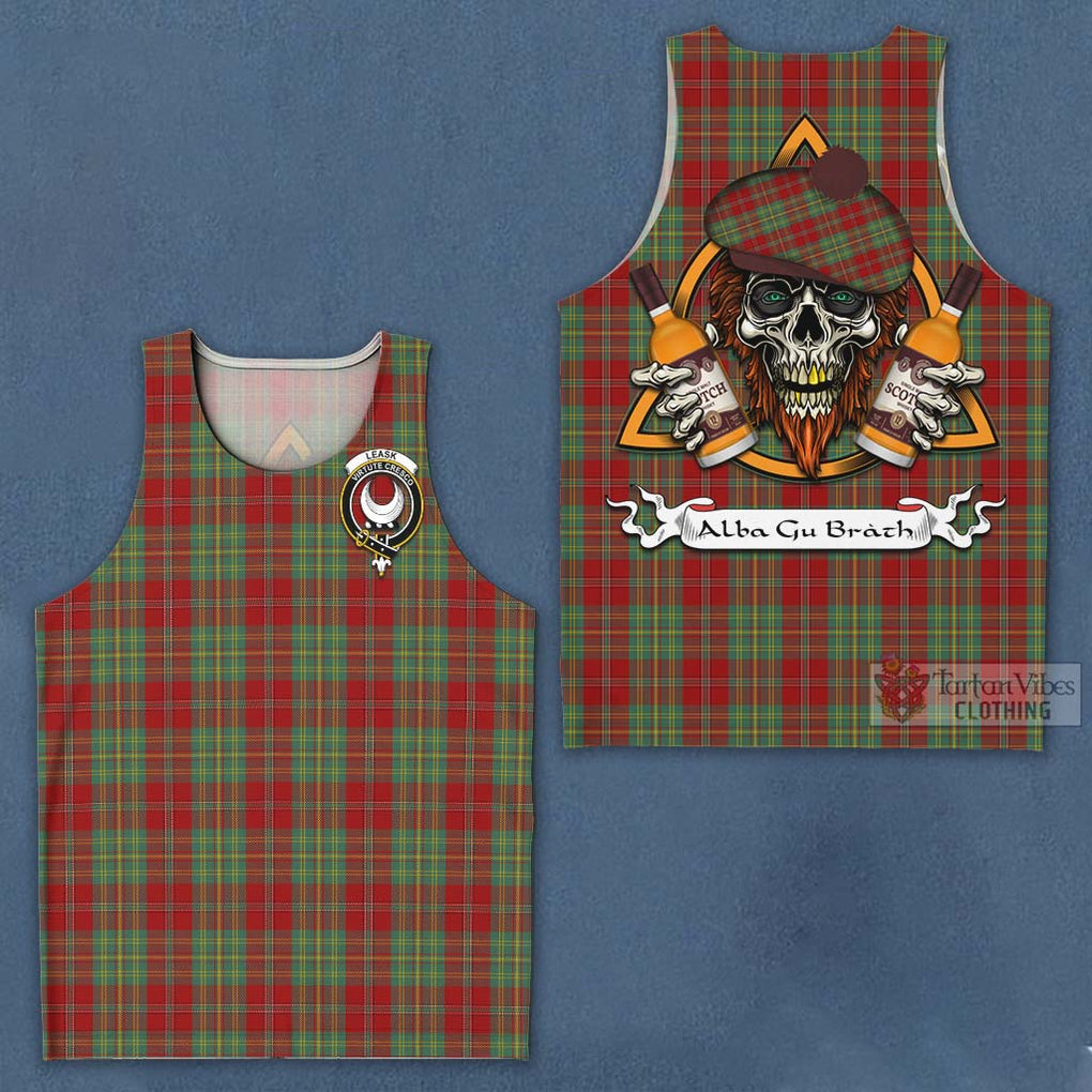 Tartan Vibes Clothing Leask Tartan Men's Tank Top with Family Crest and Bearded Skull Holding Bottles of Whiskey