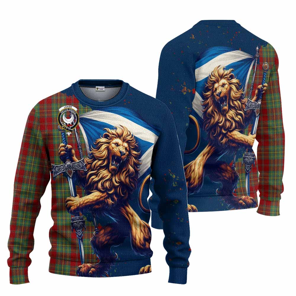 Leask Tartan Family Crest Knitted Sweater with Scottish Majestic Lion Unisex - Tartan Vibes Clothing
