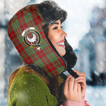 Leask Tartan Winter Trapper Hat with Family Crest