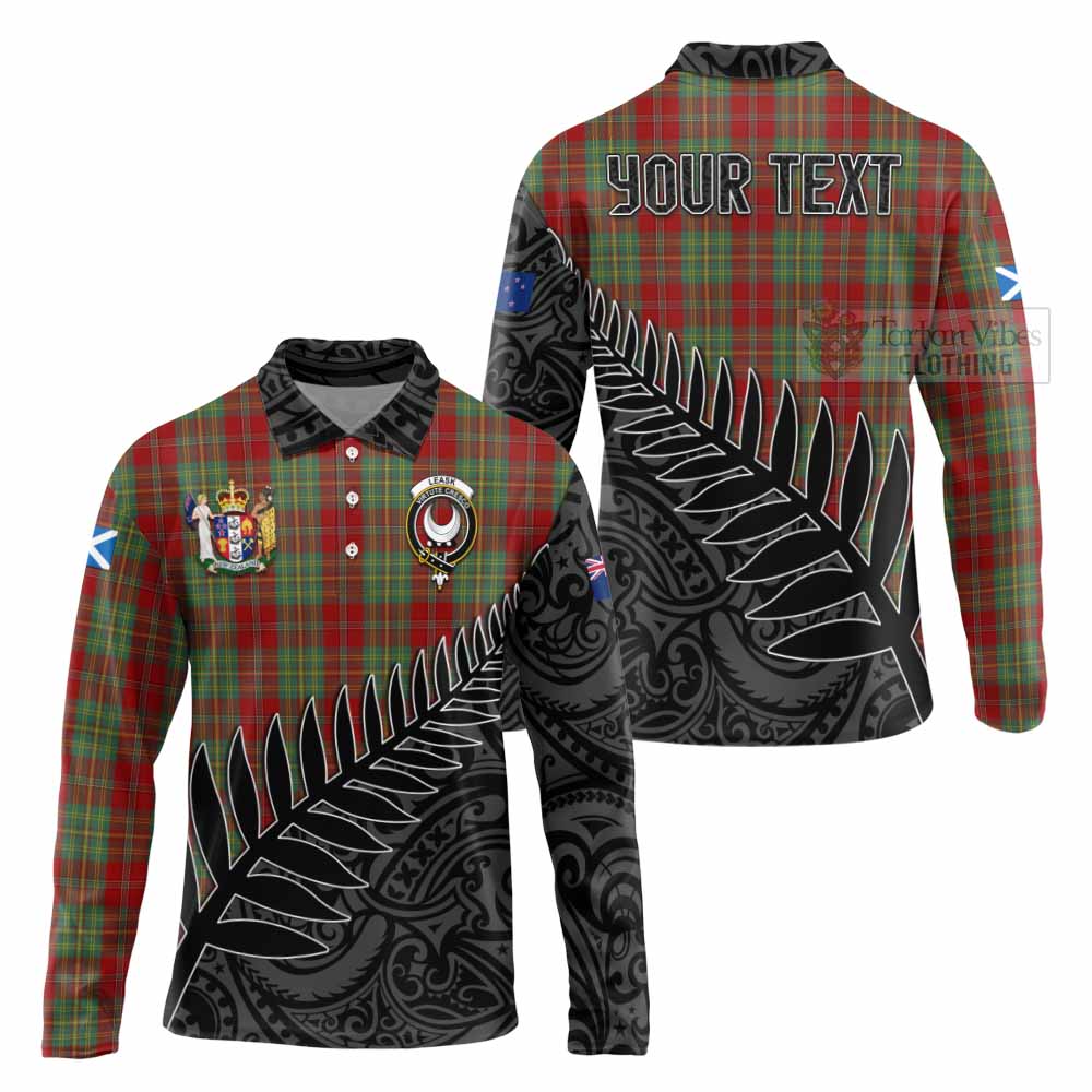 Tartan Vibes Clothing Leask Crest Tartan Long Sleeve Polo Shirt with New Zealand Silver Fern Half Style