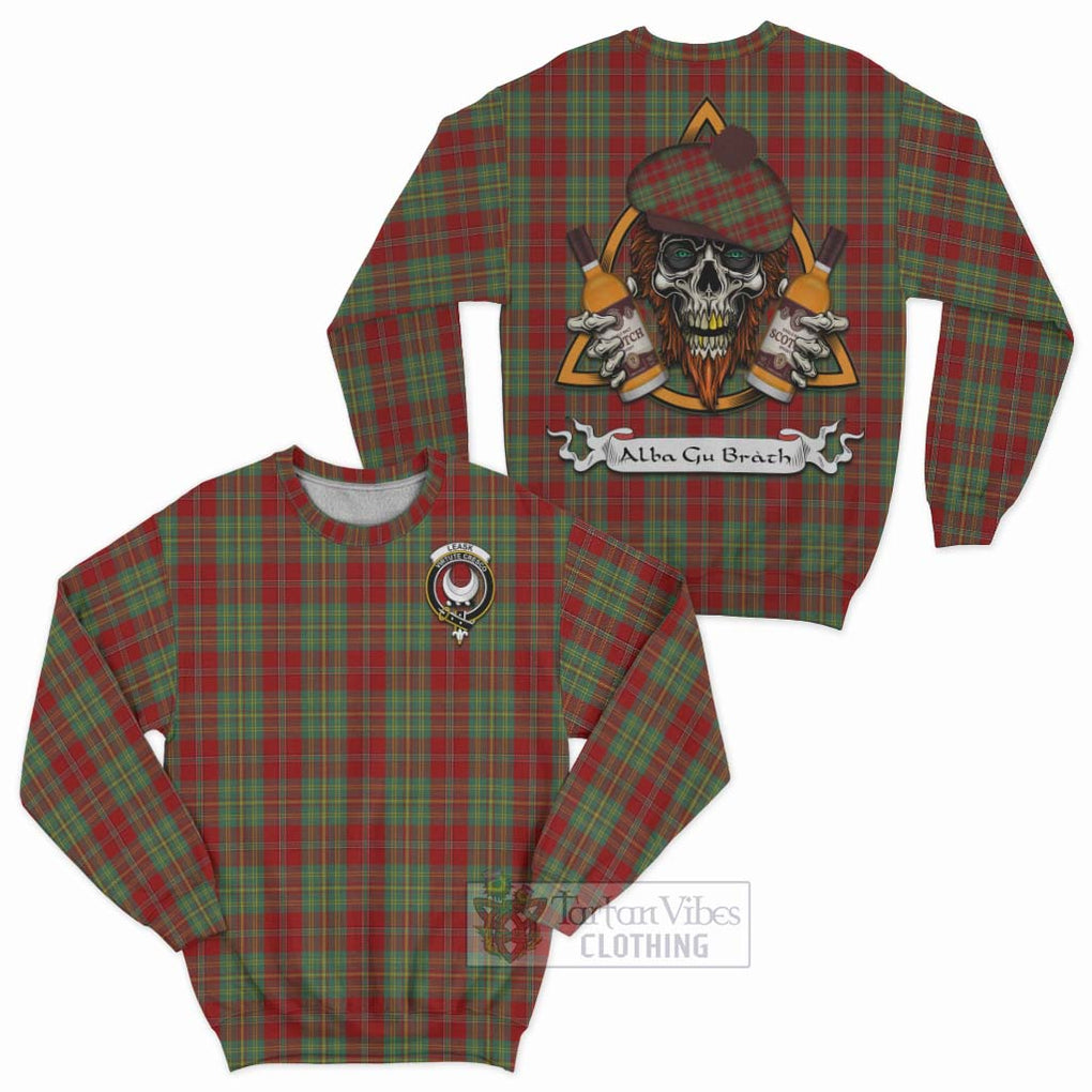 Tartan Vibes Clothing Leask Tartan Sweatshirt with Family Crest and Bearded Skull Holding Bottles of Whiskey