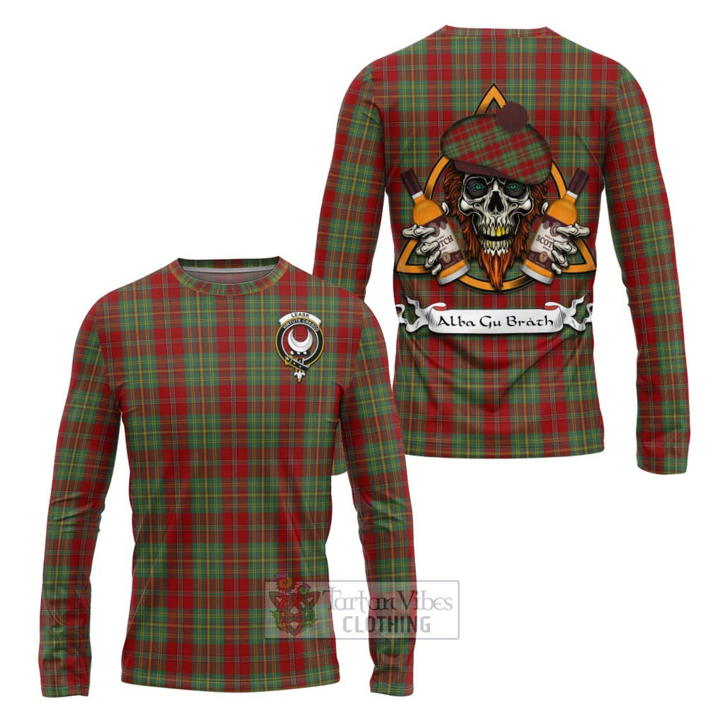 Tartan Vibes Clothing Leask Tartan Long Sleeve T-Shirt with Family Crest and Bearded Skull Holding Bottles of Whiskey