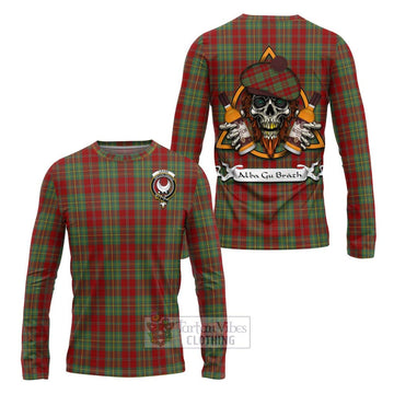 Leask Tartan Long Sleeve T-Shirt with Family Crest and Bearded Skull Holding Bottles of Whiskey