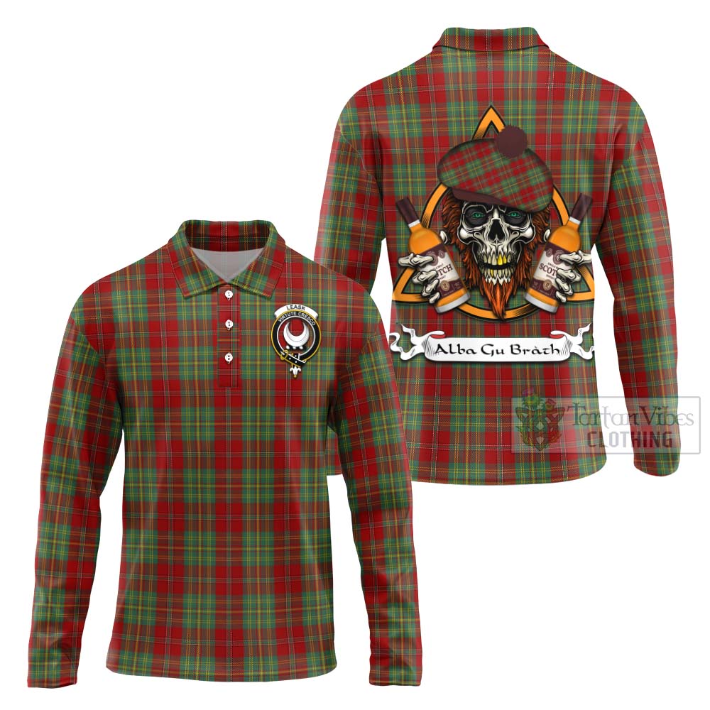 Tartan Vibes Clothing Leask Tartan Long Sleeve Polo Shirt with Family Crest and Bearded Skull Holding Bottles of Whiskey