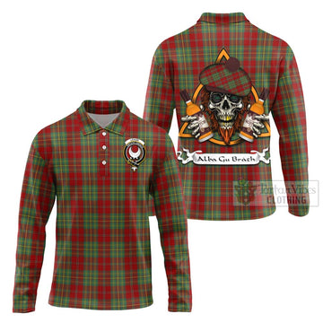 Leask Tartan Long Sleeve Polo Shirt with Family Crest and Bearded Skull Holding Bottles of Whiskey