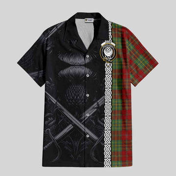 Leask Tartan Short Sleeve Button Shirt with Family Crest Cross Sword Thistle Celtic Vibes