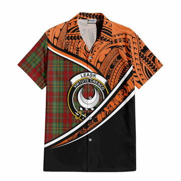 Leask Crest Tartan Short Sleeve Button Shirt with Polynesian Vibes Style - Orange Version