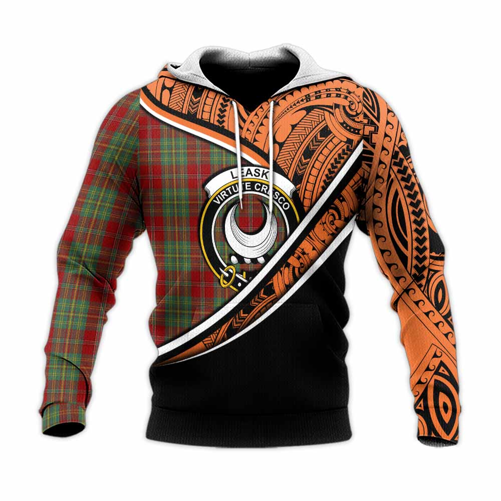 Tartan Vibes Clothing Leask Crest Tartan Knitted Hoodie with Maori Tattoo Style - Orange Version