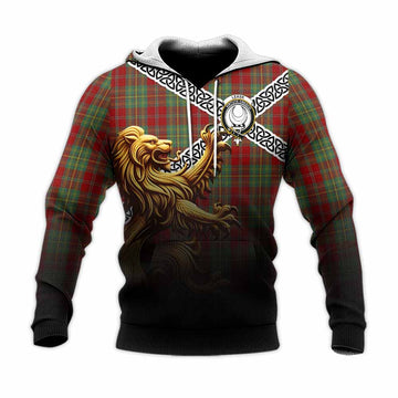 Leask Crest Tartan Knitted Hoodie with Golden Lion Emblem Celtic Style Unisex Knitted Pullover Hoodie - Tartan Vibes Clothing