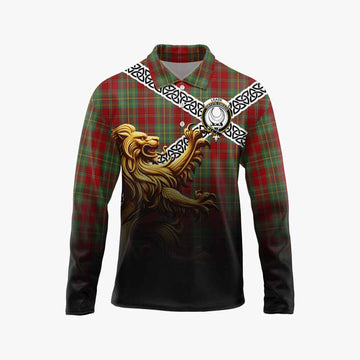 Leask Crest Tartan Long Sleeve Polo Shirt with Golden Lion Emblem Celtic Style Unisex - Tartan Vibes Clothing