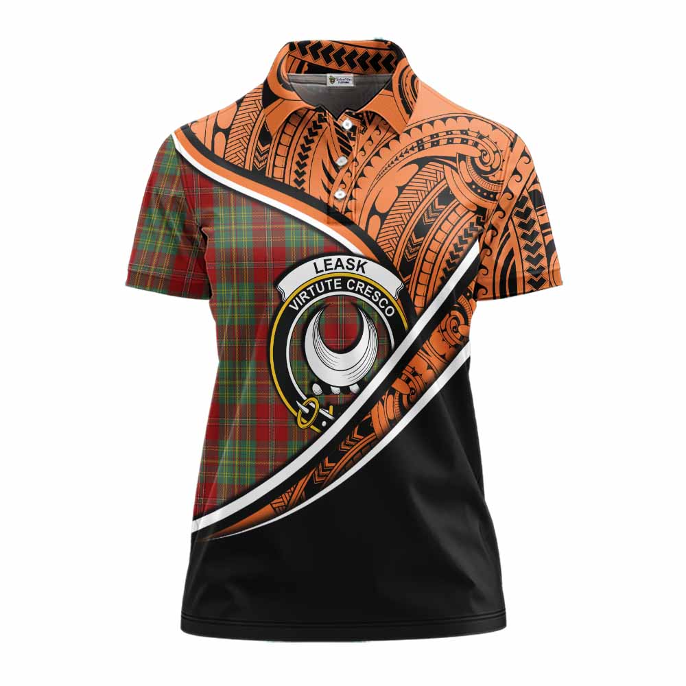 Tartan Vibes Clothing Leask Crest Tartan Women's Polo Shirt with Maori Tattoo Style - Orange Version