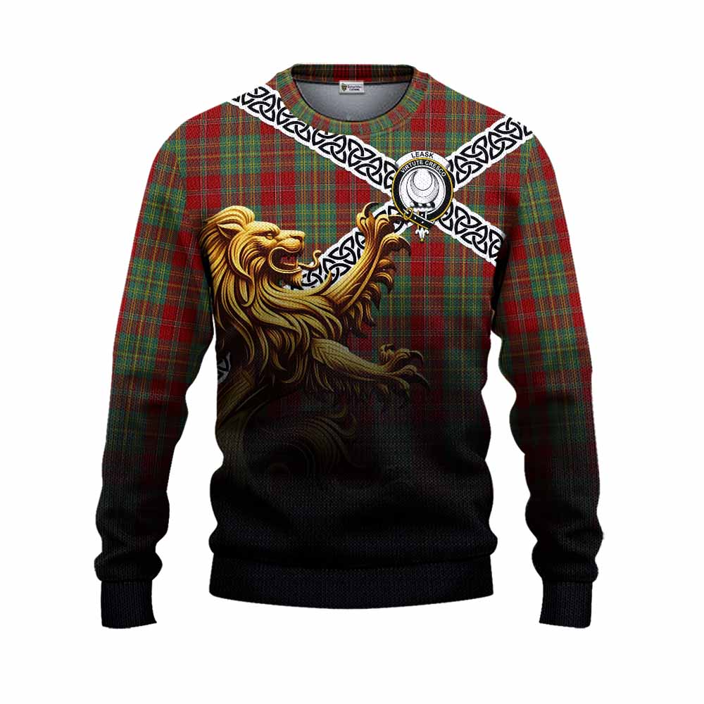 Leask Crest Tartan Knitted Sweater with Golden Lion Emblem Celtic Style Unisex - Tartan Vibes Clothing