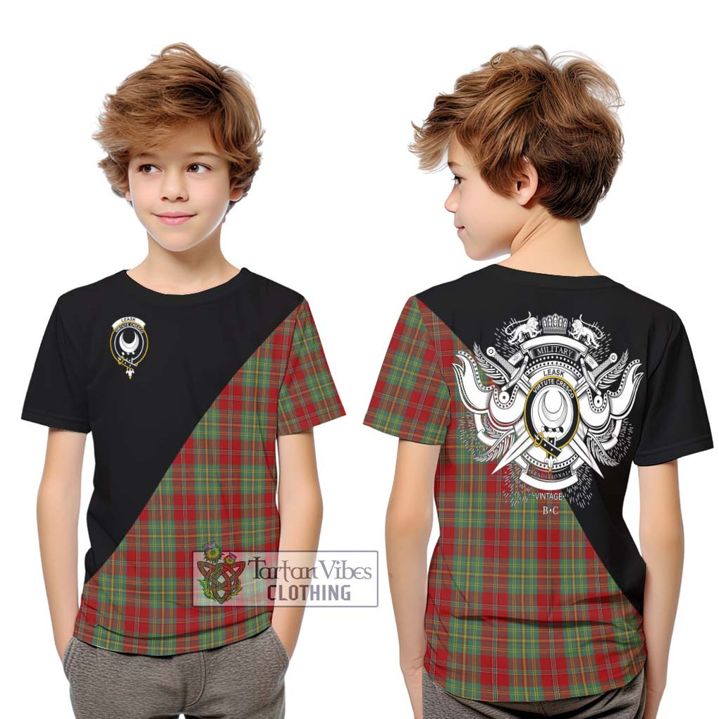 Leask Tartan Kid T-Shirt with Family Crest and Military Logo Style Youth XL Size14 - Tartanvibesclothing Shop