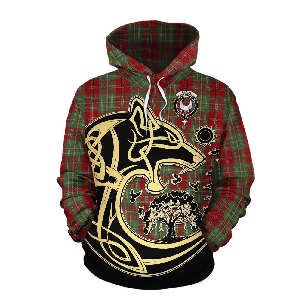 Tartan Vibes Clothing Leask Tartan Cotton Hoodie with Family Crest Celtic Wolf Style