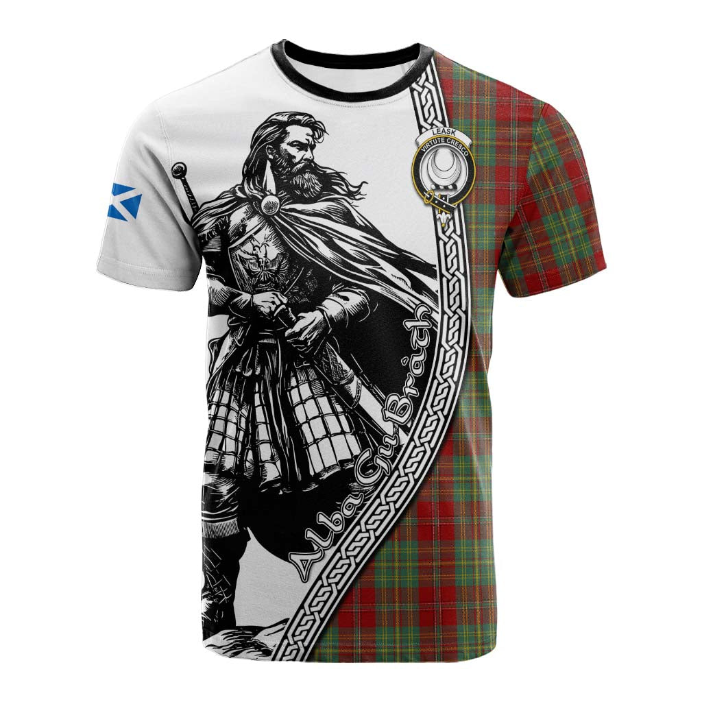 Leask Tartan Clan Crest Cotton T-shirt with Highlander Warrior Celtic Style