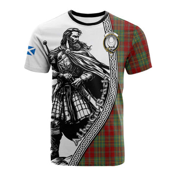 Leask Tartan Clan Crest Cotton T-shirt with Highlander Warrior Celtic Style