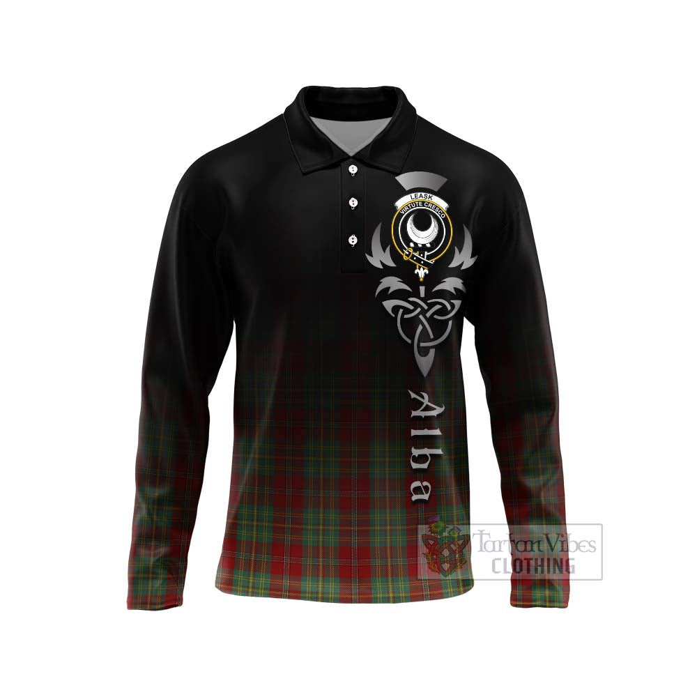 Tartan Vibes Clothing Leask Tartan Long Sleeve Polo Shirt Featuring Alba Gu Brath Family Crest Celtic Inspired