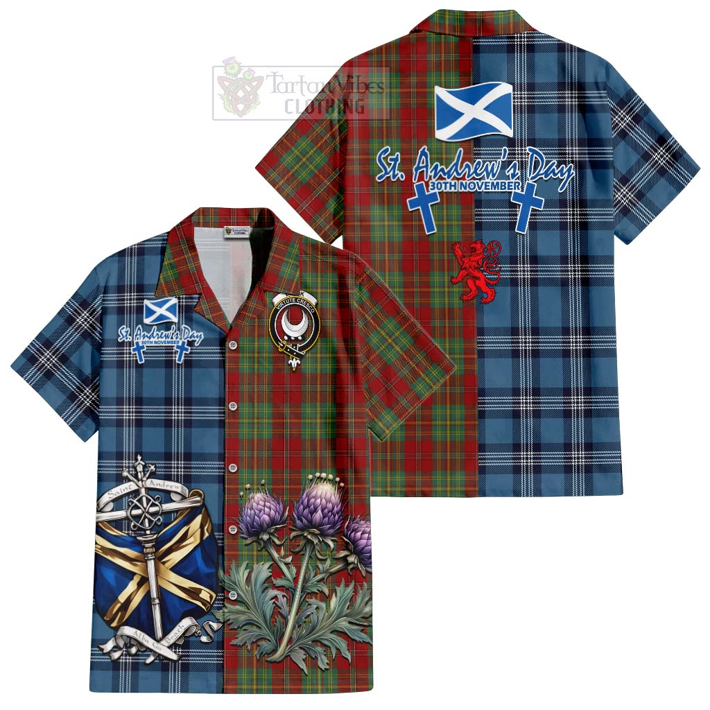 Tartan Vibes Clothing Leask Tartan Short Sleeve Button Shirt Happy St. Andrew's Day Half Tartan Style