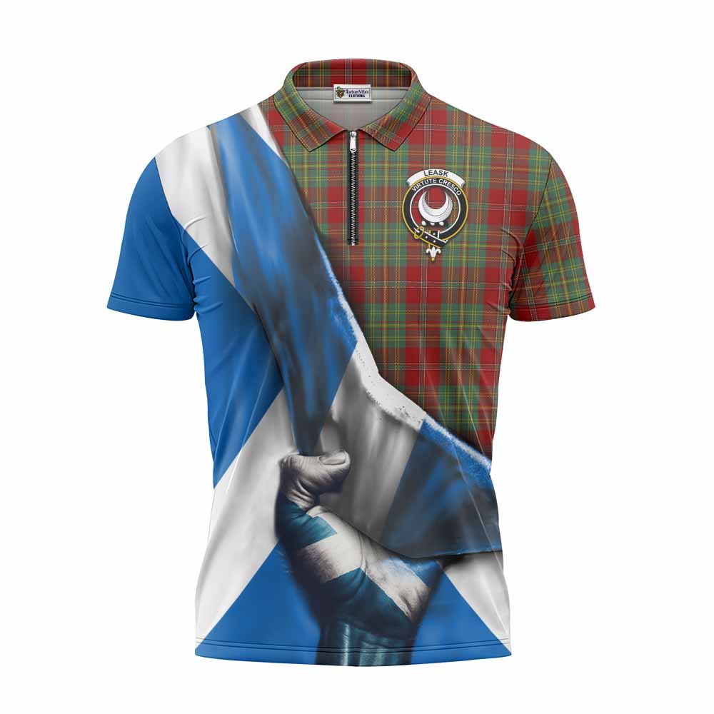 Tartan Vibes Clothing Leask Tartan Zipper Polo Shirt with Family Crest Scotland Patriotic Style