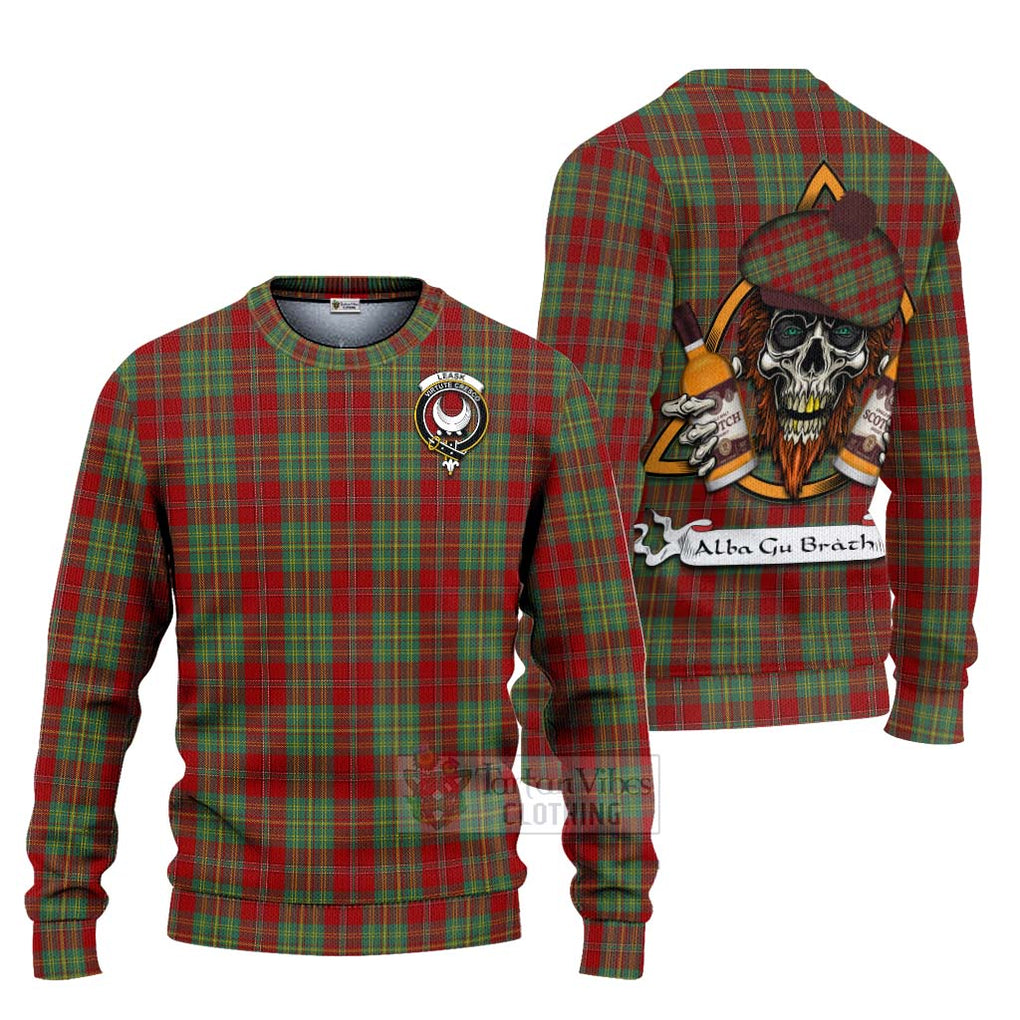 Tartan Vibes Clothing Leask Tartan Knitted Sweater with Family Crest and Bearded Skull Holding Bottles of Whiskey