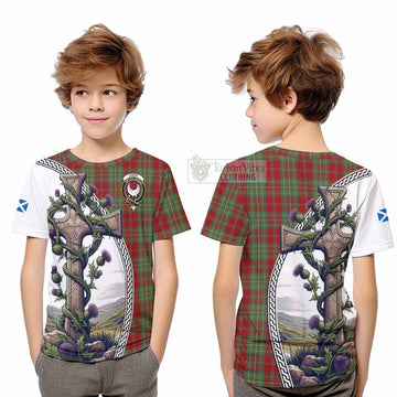 Leask Tartan Kid T-Shirt with Family Crest and St. Andrew's Cross Accented by Thistle Vines Youth XL Size14 - Tartan Vibes Clothing