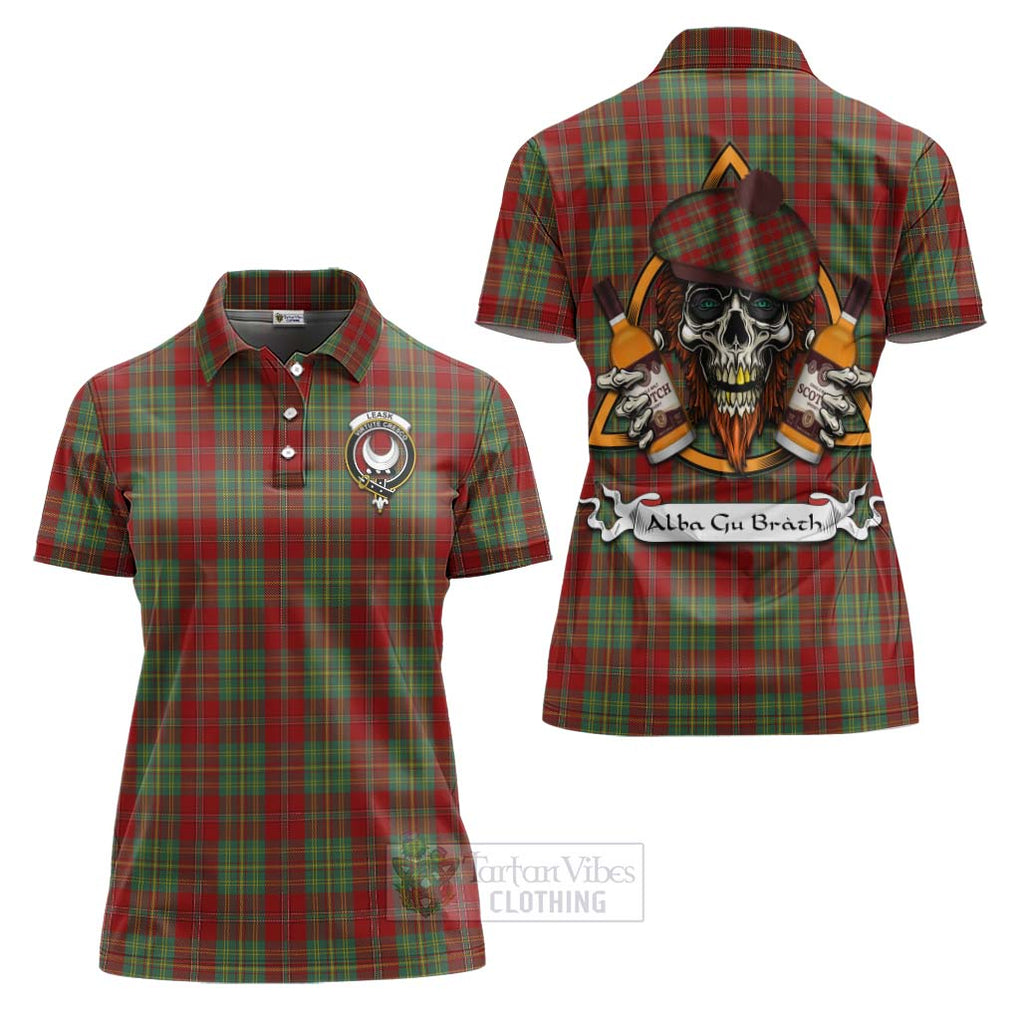 Tartan Vibes Clothing Leask Tartan Women's Polo Shirt with Family Crest and Bearded Skull Holding Bottles of Whiskey