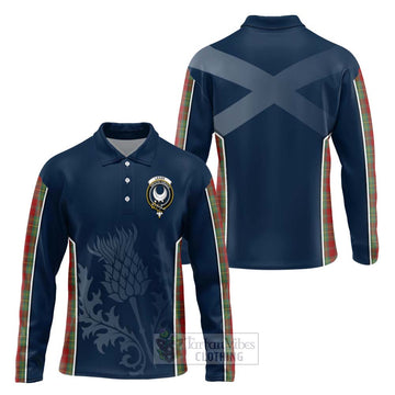 Leask Tartan Long Sleeve Polo Shirt with Family Crest and Scottish Thistle Vibes Sport Style