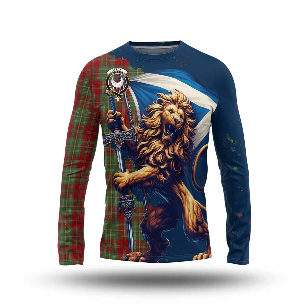 Tartan Vibes Clothing Leask Tartan Family Crest Long Sleeve T-Shirt with Scottish Majestic Lion