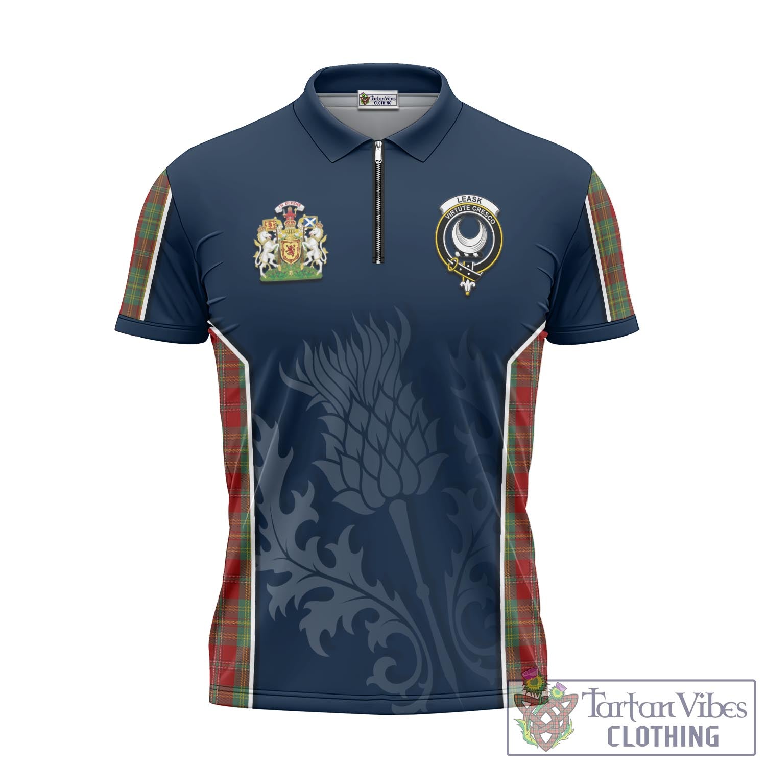 Tartan Vibes Clothing Leask Tartan Zipper Polo Shirt with Family Crest and Scottish Thistle Vibes Sport Style