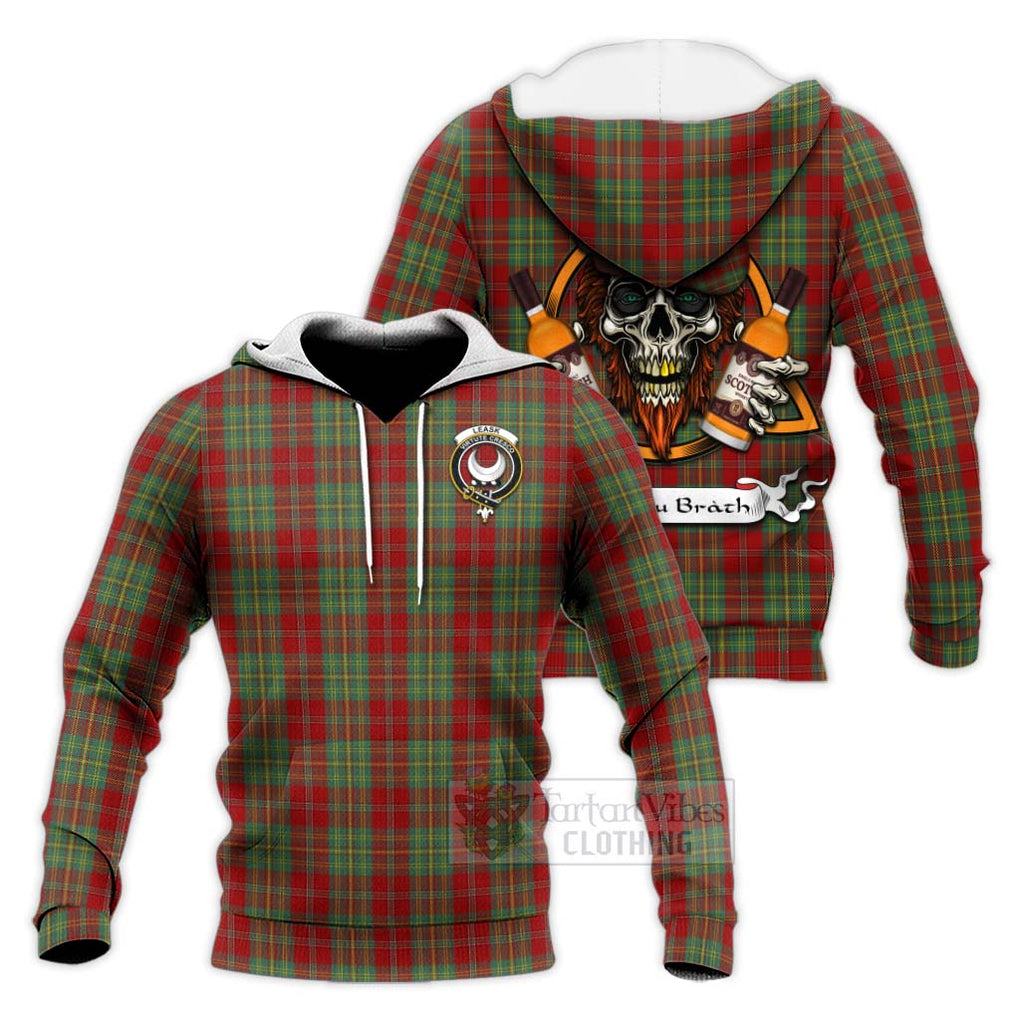 Tartan Vibes Clothing Leask Tartan Knitted Hoodie with Family Crest and Bearded Skull Holding Bottles of Whiskey