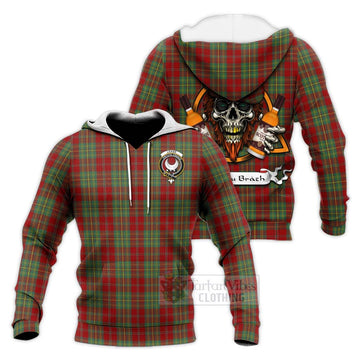 Leask Tartan Knitted Hoodie with Family Crest and Bearded Skull Holding Bottles of Whiskey