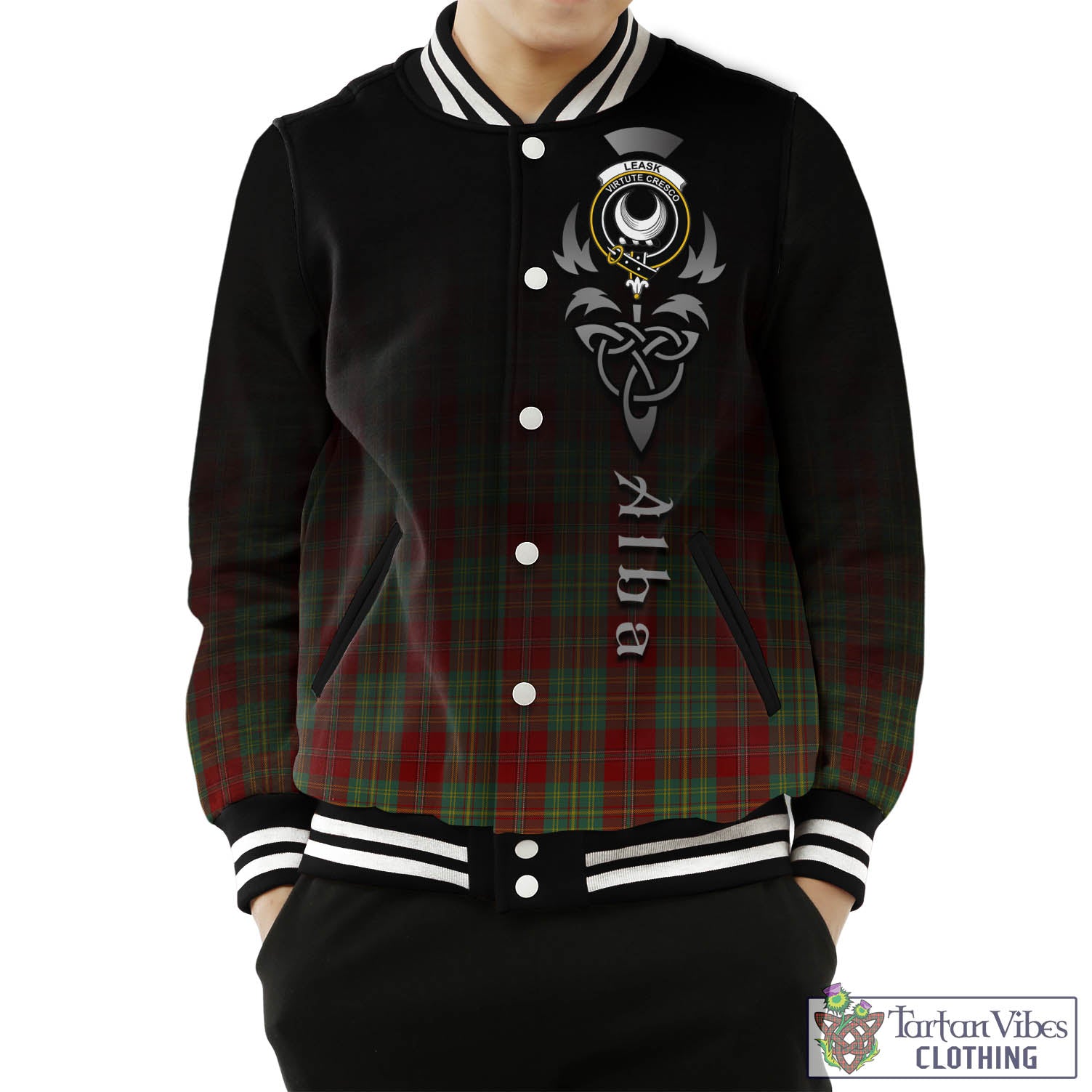 Tartan Vibes Clothing Leask Tartan Baseball Jacket Featuring Alba Gu Brath Family Crest Celtic Inspired