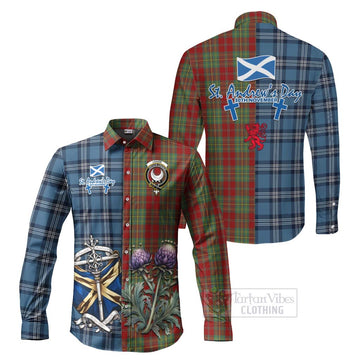 Leask Tartan Long Sleeve Button Shirt Happy St. Andrew's Day Half Tartan Style