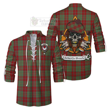 Leask Tartan Ghillie Kilt Shirt with Family Crest and Bearded Skull Holding Bottles of Whiskey