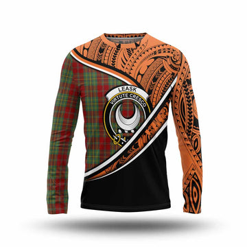 Leask Crest Tartan Long Sleeve T-Shirt with Polynesian Vibes Style - Orange Version