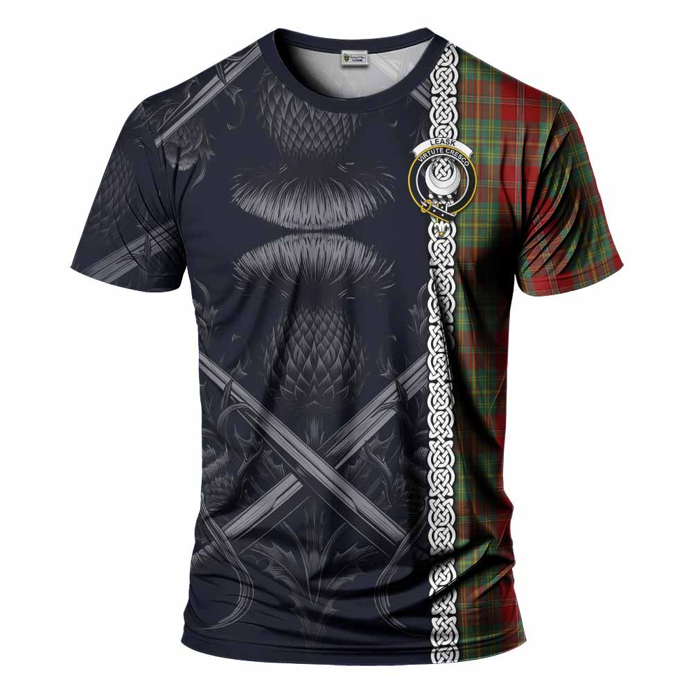 Tartan Vibes Clothing Leask Tartan T-Shirt with Family Crest Cross Sword Thistle Celtic Vibes