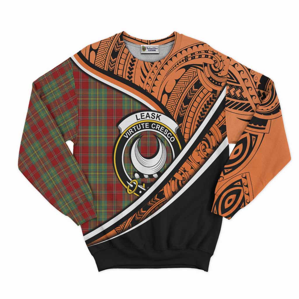 Tartan Vibes Clothing Leask Crest Tartan Sweatshirt with Maori Tattoo Style - Orange Version