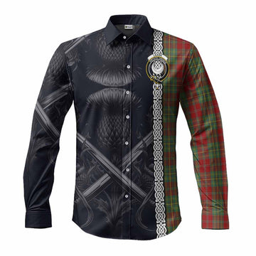 Leask Tartan Long Sleeve Button Shirt with Family Crest Cross Sword Thistle Celtic Vibes Men's Shirt S - Tartan Vibes Clothing