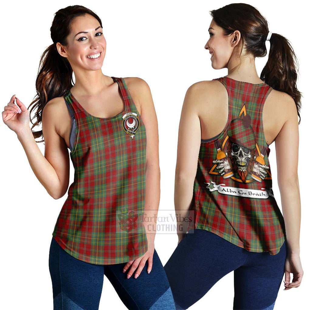 Tartan Vibes Clothing Leask Tartan Women's Racerback Tanks with Family Crest and Bearded Skull Holding Bottles of Whiskey