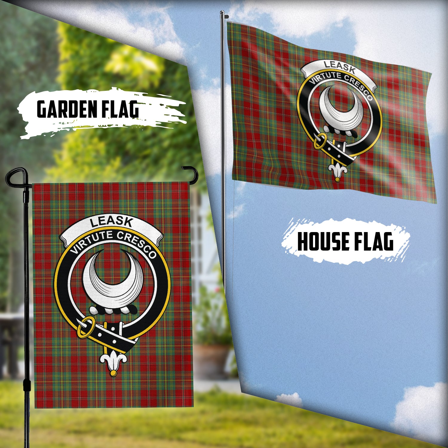 leask-tartan-flag-with-family-crest